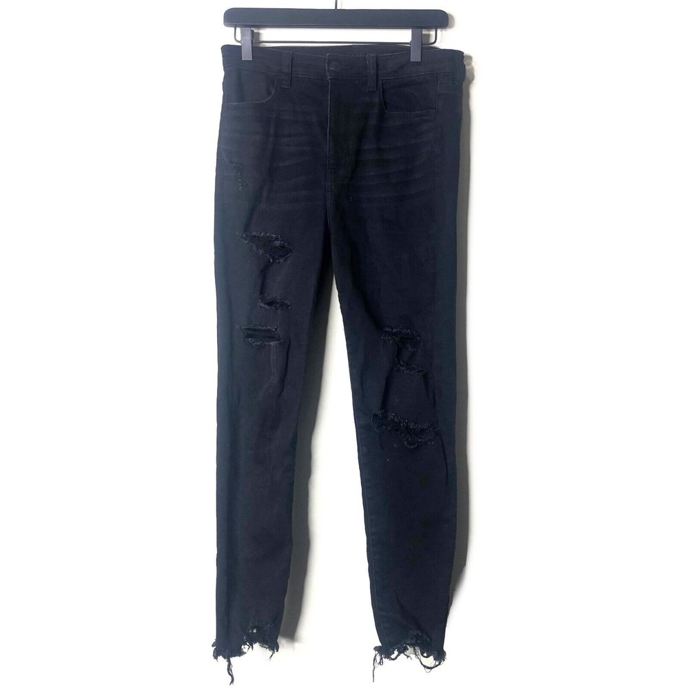 American Eagle Women's 10 Regular Super Hi-Rise Jegging Crop Ripped Black Jeans